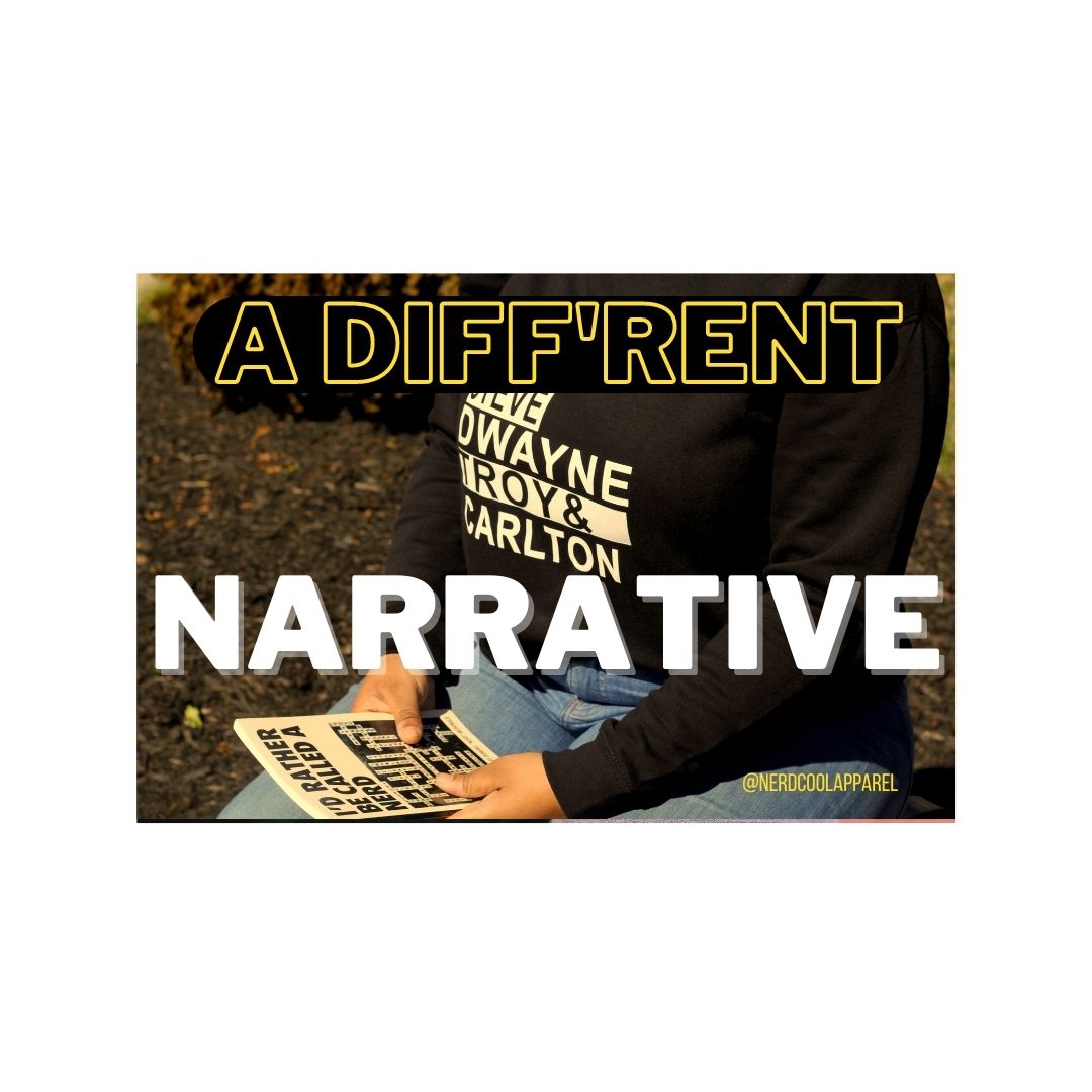 Person wearing a black hoodie with text, sitting on a log with 'A DIFF'RENT NARRATIVE' text overlay.
