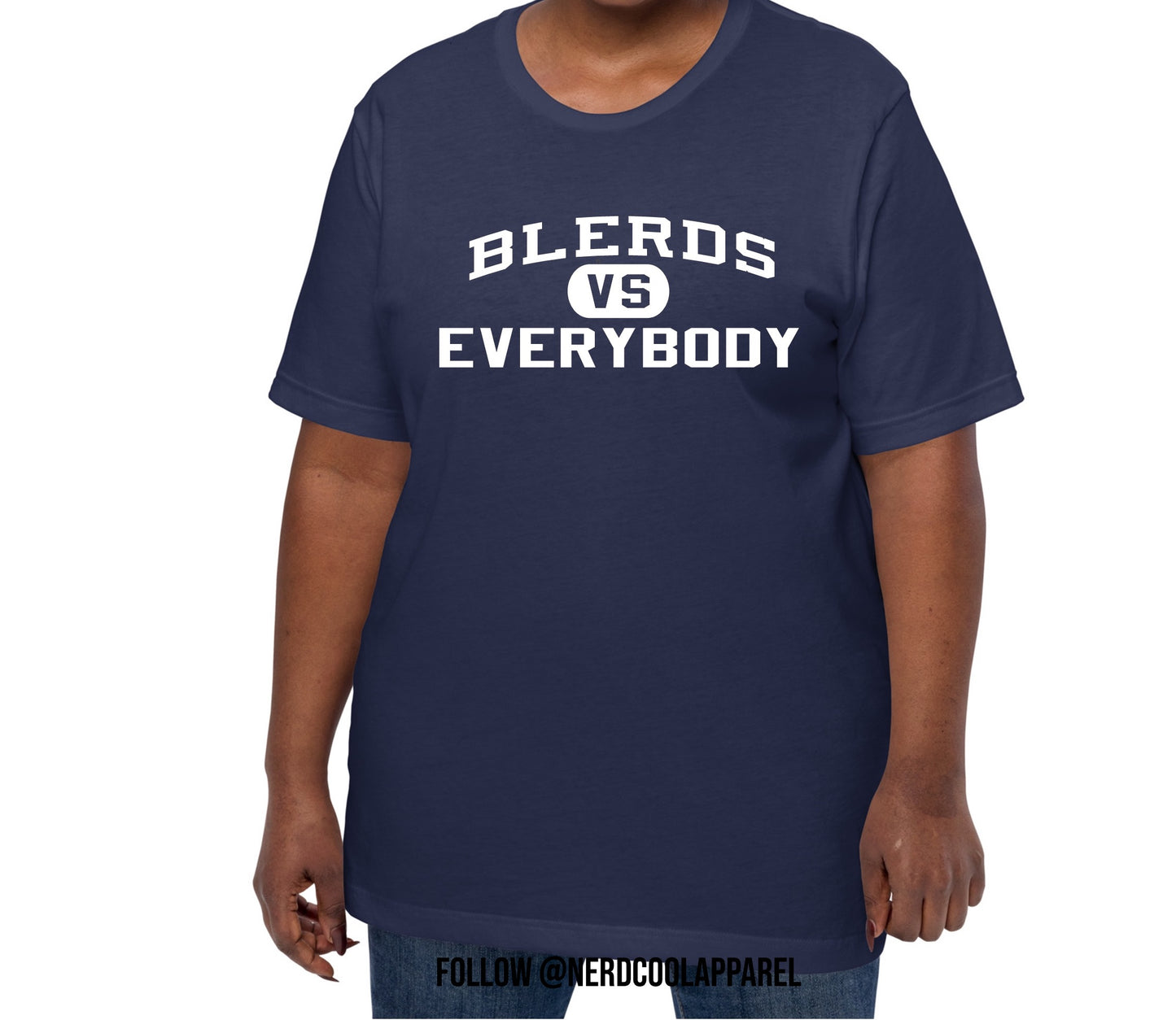 Navy blue t-shirt with 'BLENDS VS EVERYBODY' text on a white background