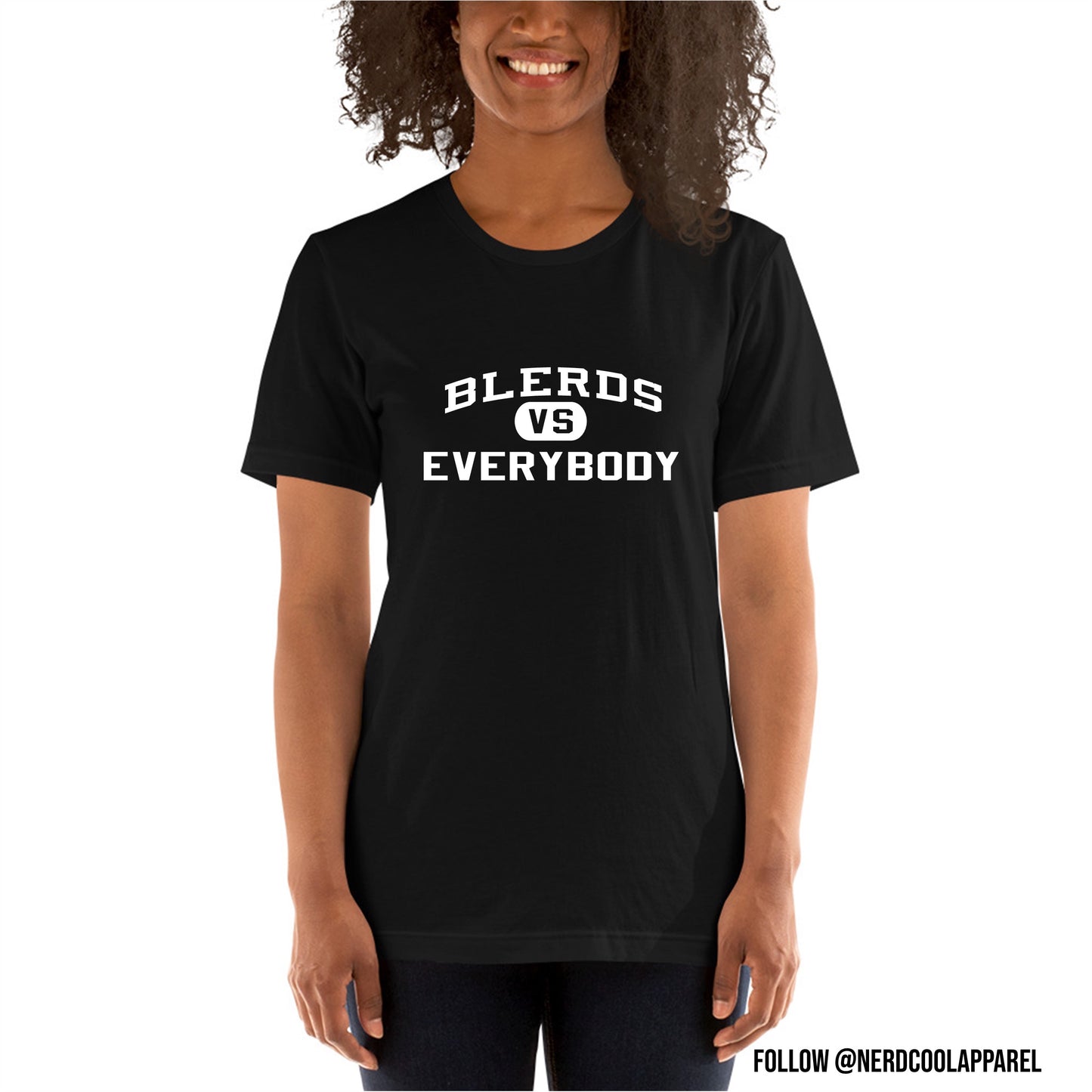 Person wearing a black t-shirt with 'Bleuds vs Everybody' text on a white background