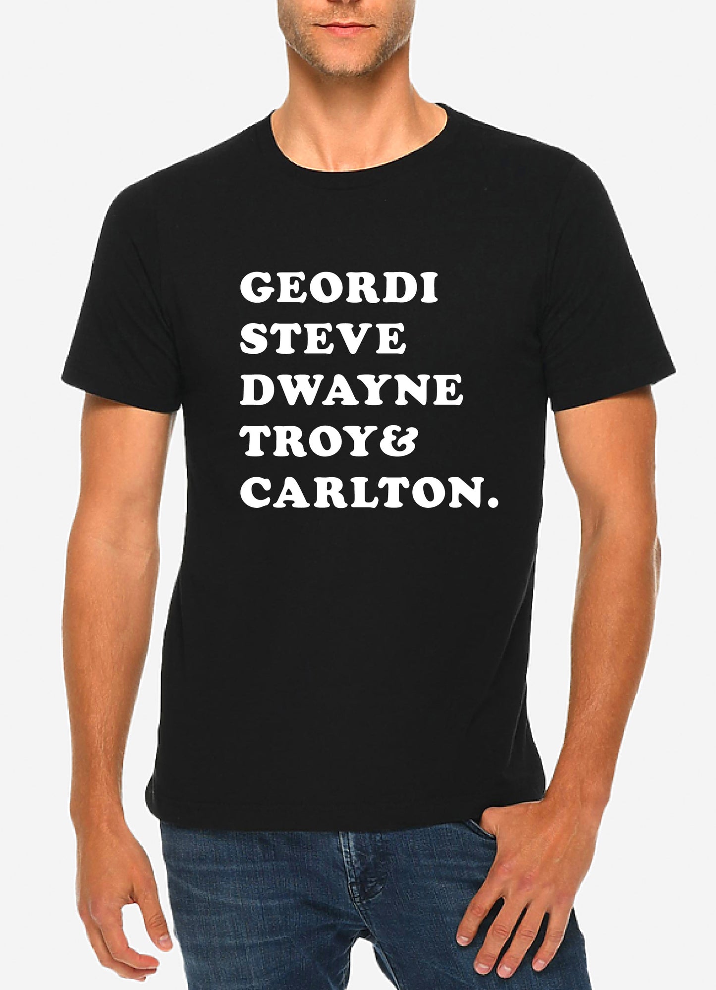 Person wearing a black t-shirt with white text on a plain background