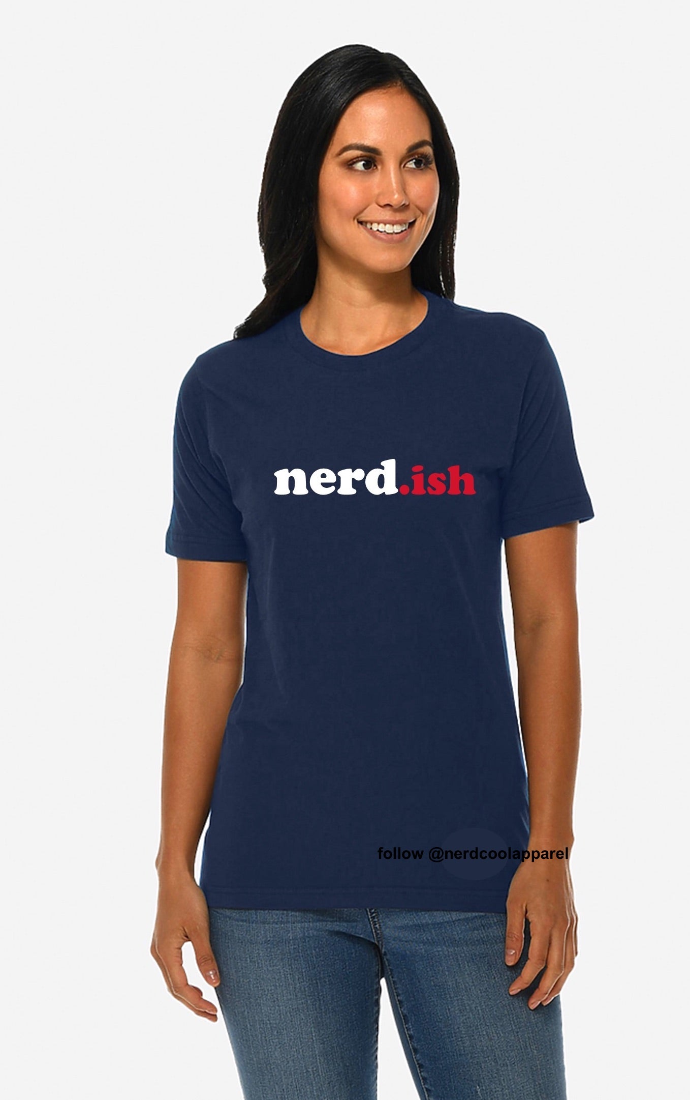 Woman wearing a navy blue t-shirt with 'nerd.ish' text on a white background