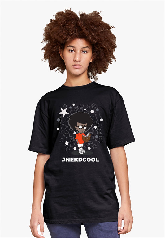 Person wearing a black t-shirt with a graphic design and text on a white background