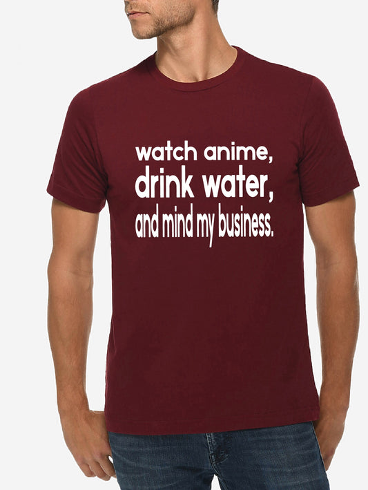 Maroon t-shirt with white text worn by a person on a plain background