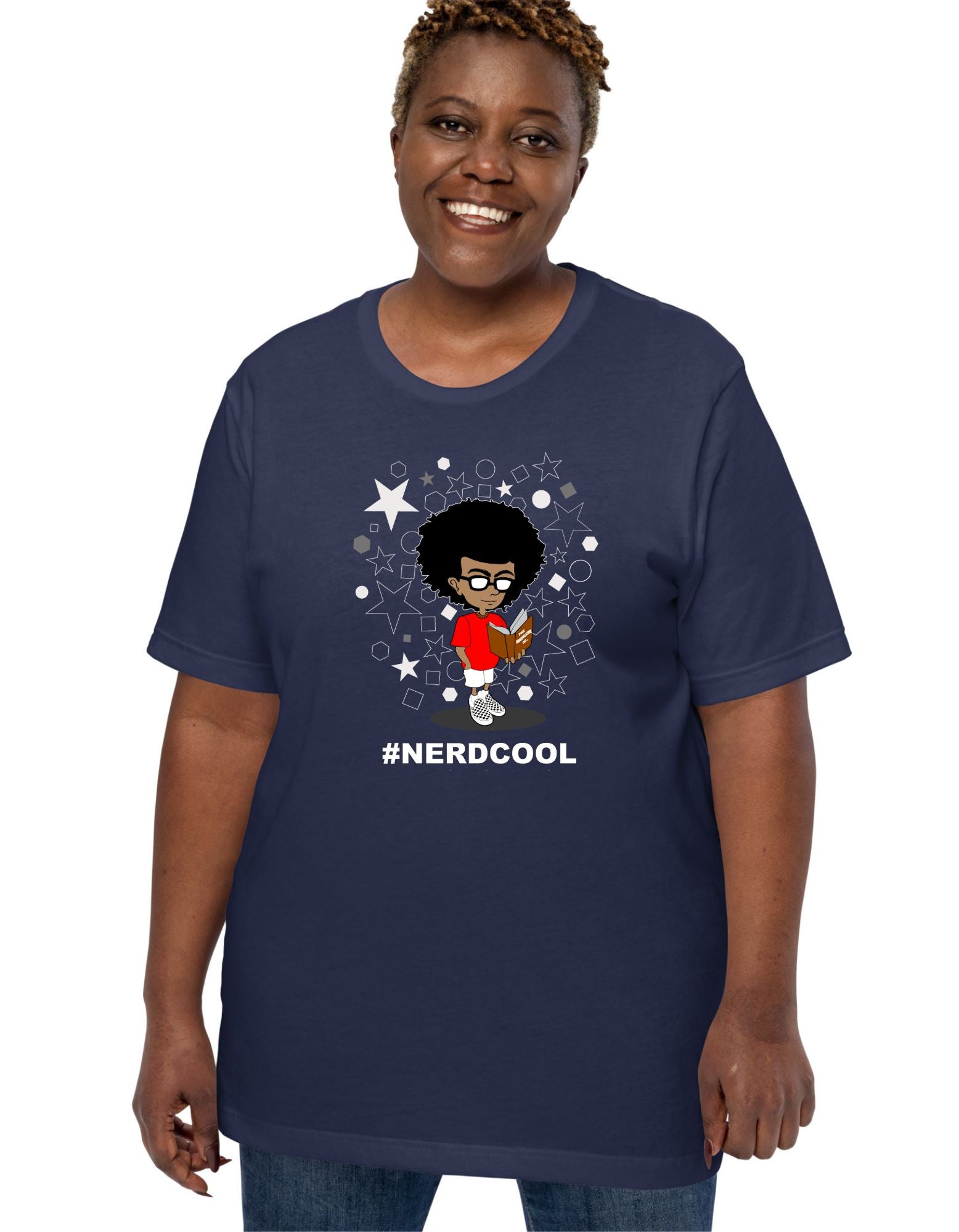 Person wearing a navy blue t-shirt with a graphic design and text on a white background