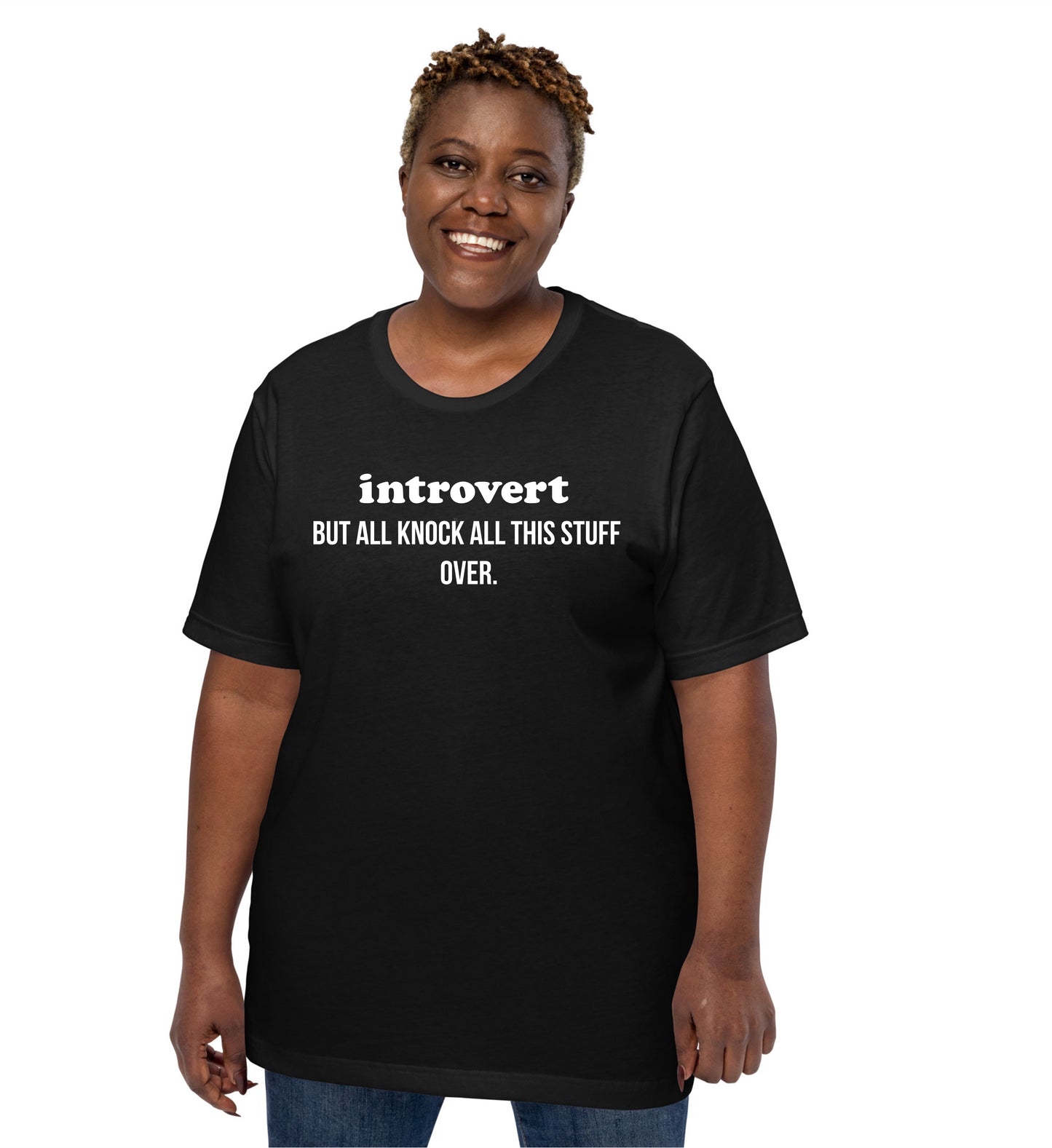 Person wearing a black t-shirt with text, standing against a white background