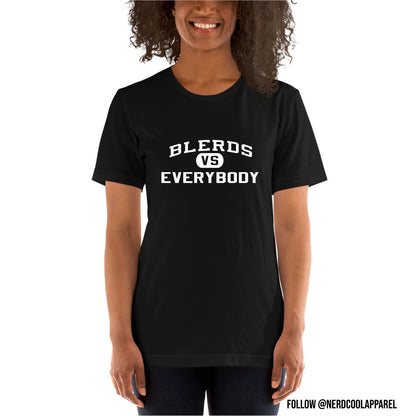 Person wearing a black t-shirt with 'Bleuds vs Everybody' text on a white background