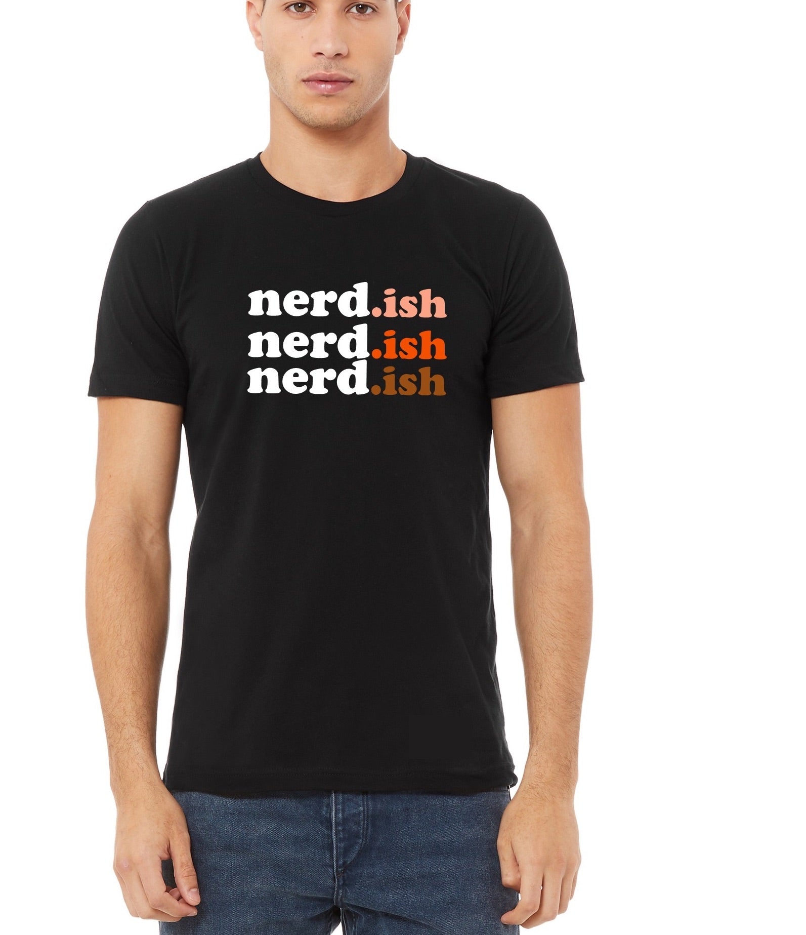 Black t-shirt with 'nerd.ish' text worn by a person on a white background