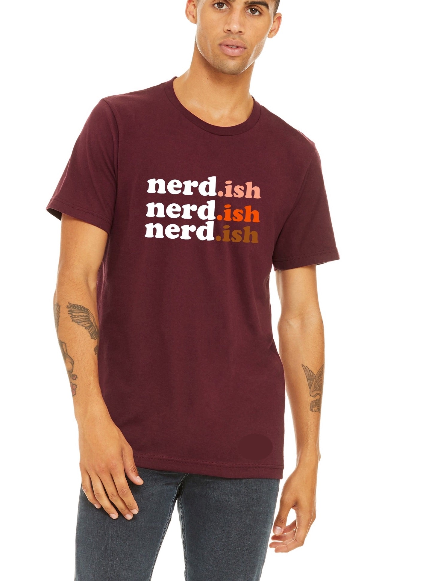Man wearing a maroon t-shirt with 'nerd.ish' text in different colors on a white background