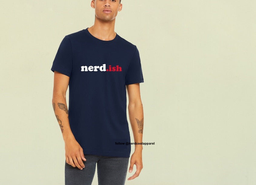 Person wearing a navy blue t-shirt with 'nerd.ish' text on a beige background