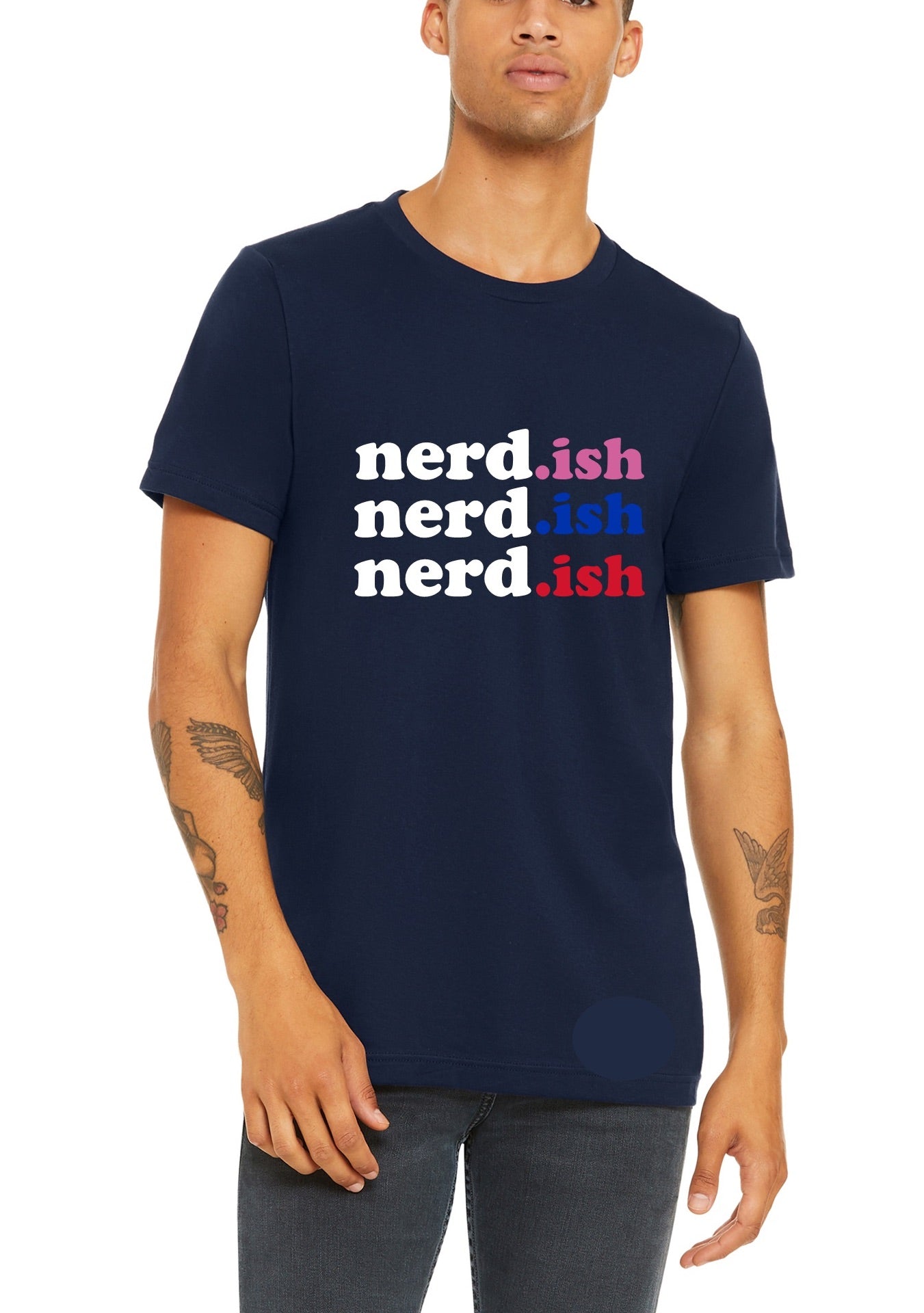 Person wearing a navy blue t-shirt with 'nerd-ish' text in red, white, and blue.