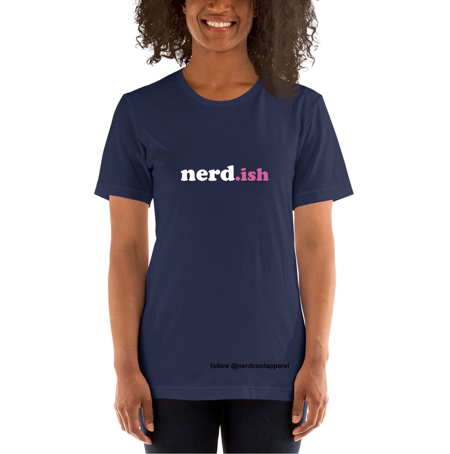 Person wearing a navy blue t-shirt with 'nerd.ish' text on a white background