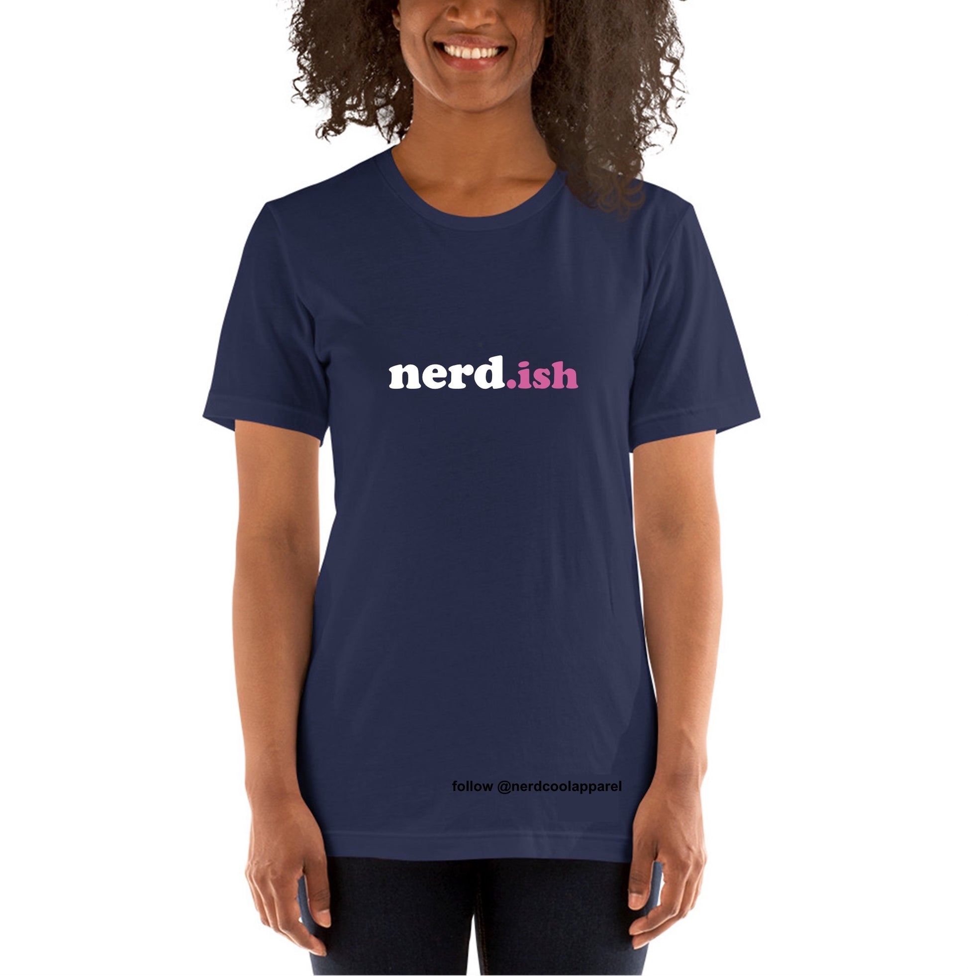 Person wearing a navy blue t-shirt with 'nerd.ish' text on a white background