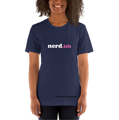 Person wearing a navy blue t-shirt with 'nerd.ish' text on a white background