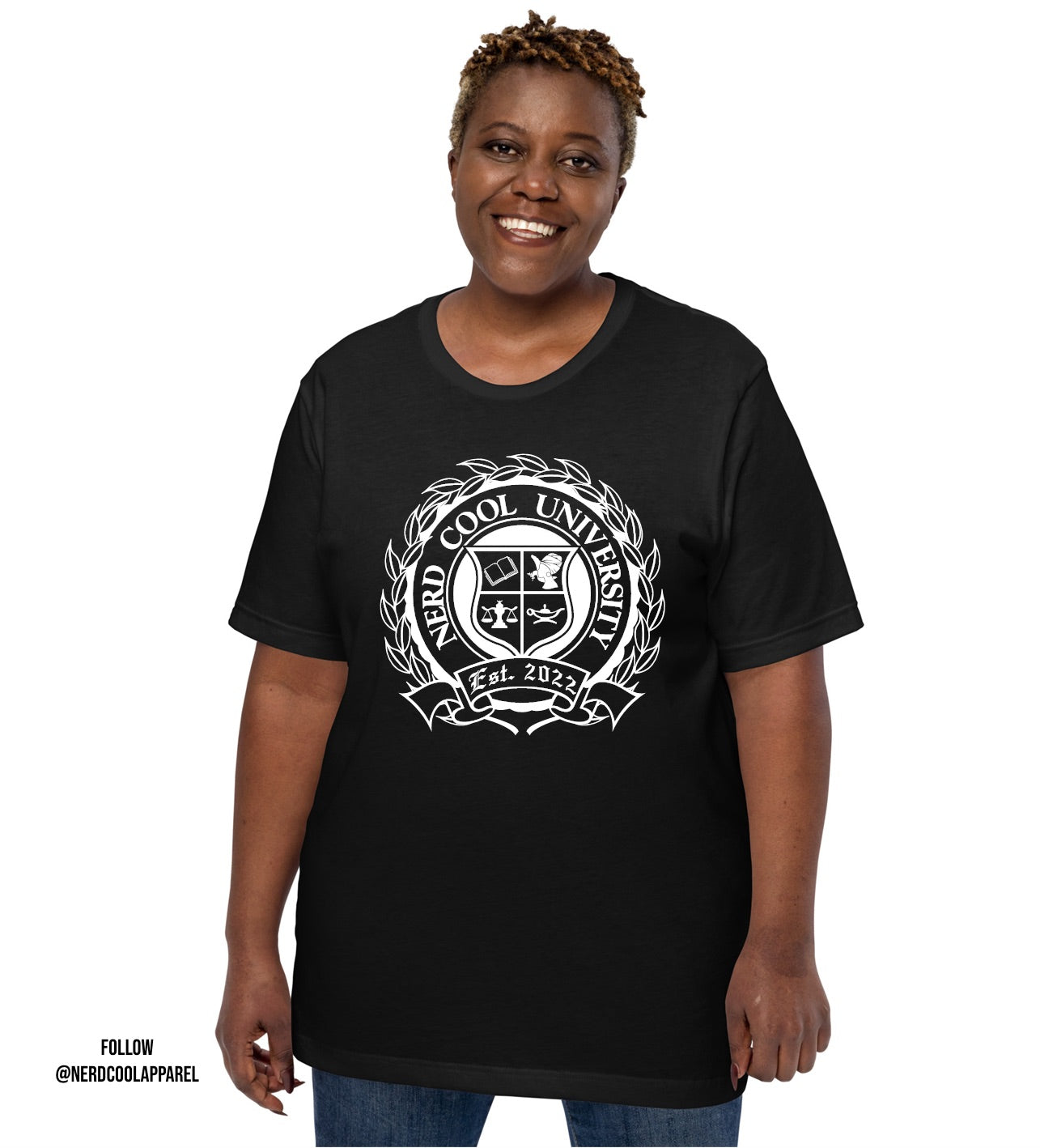 Person wearing a black t-shirt with a white logo and text on a white background