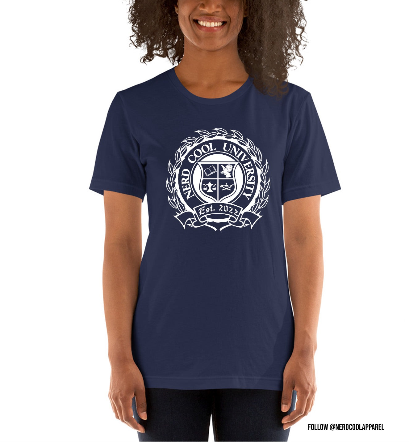 Person wearing a navy blue t-shirt with a white emblem and text on a white background