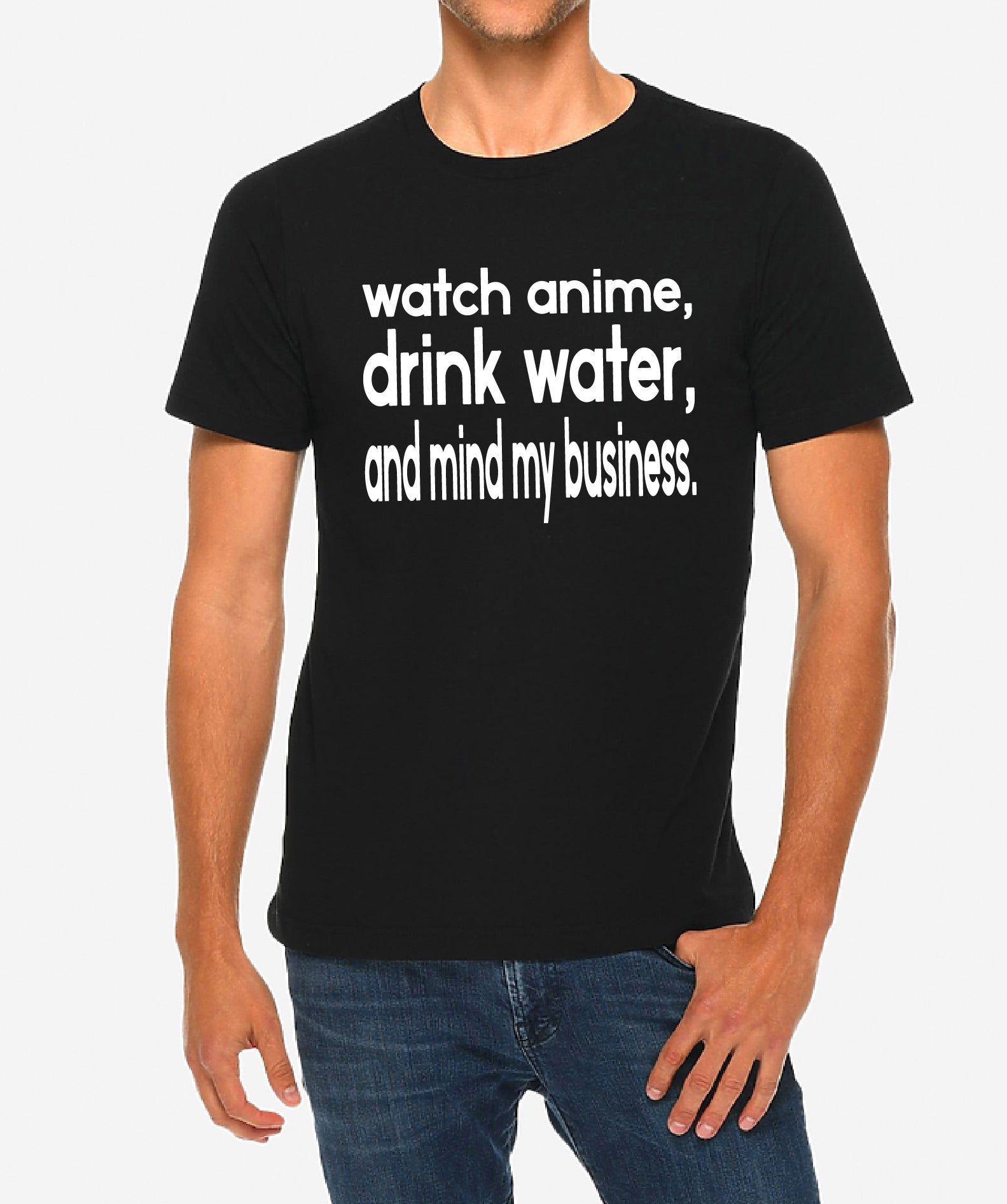 Person wearing a black t-shirt with white text on a plain background
