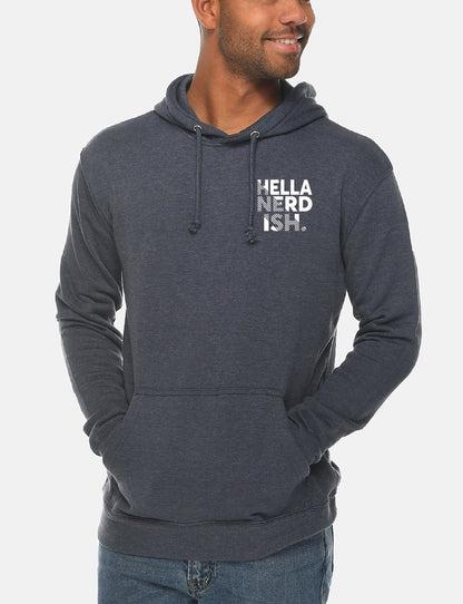 Man wearing a dark gray hoodie with 'HELLA NERD ISH.' text on a white background
