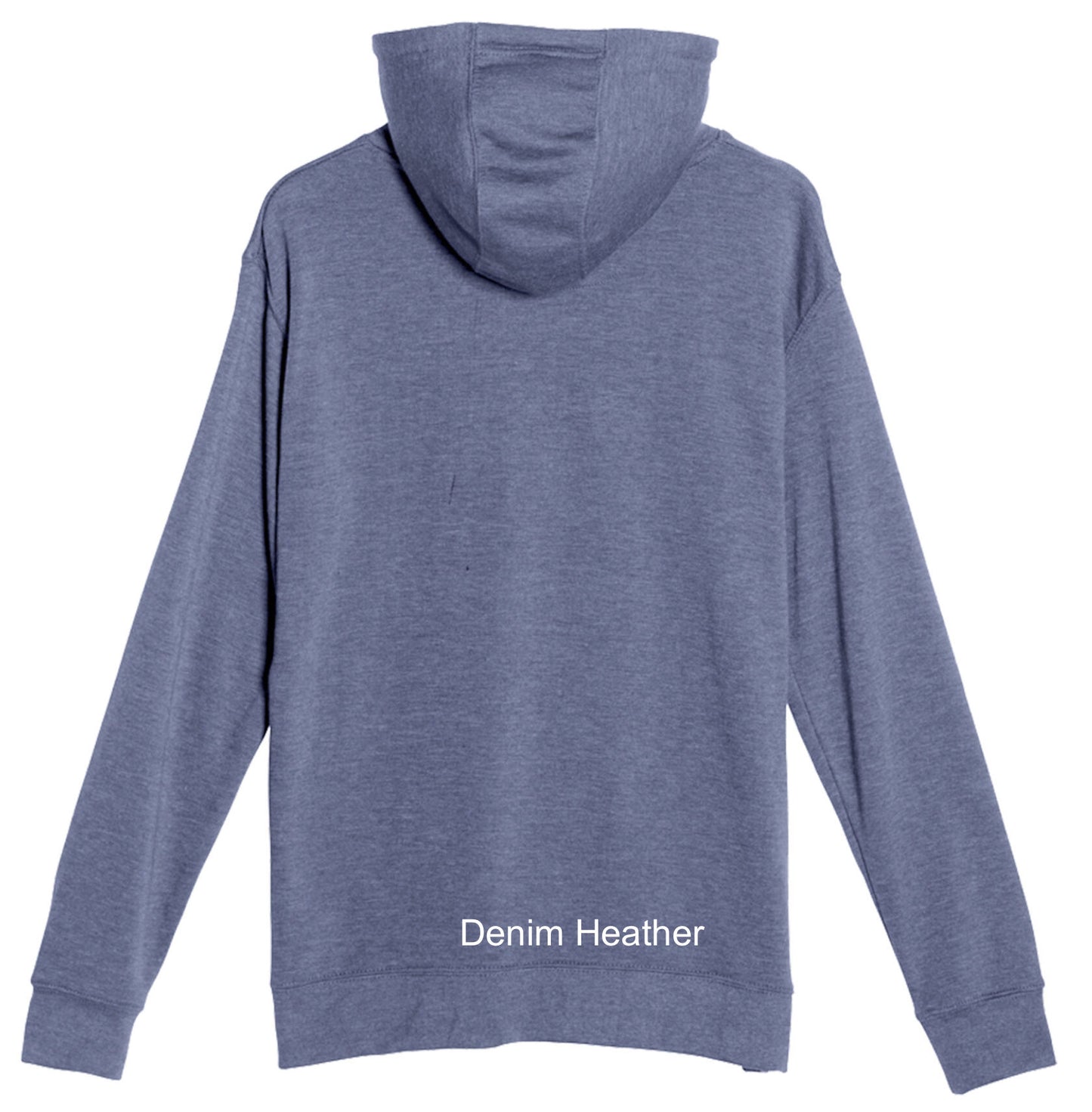 Blue hoodie with 'Denim Heather' text on a white background