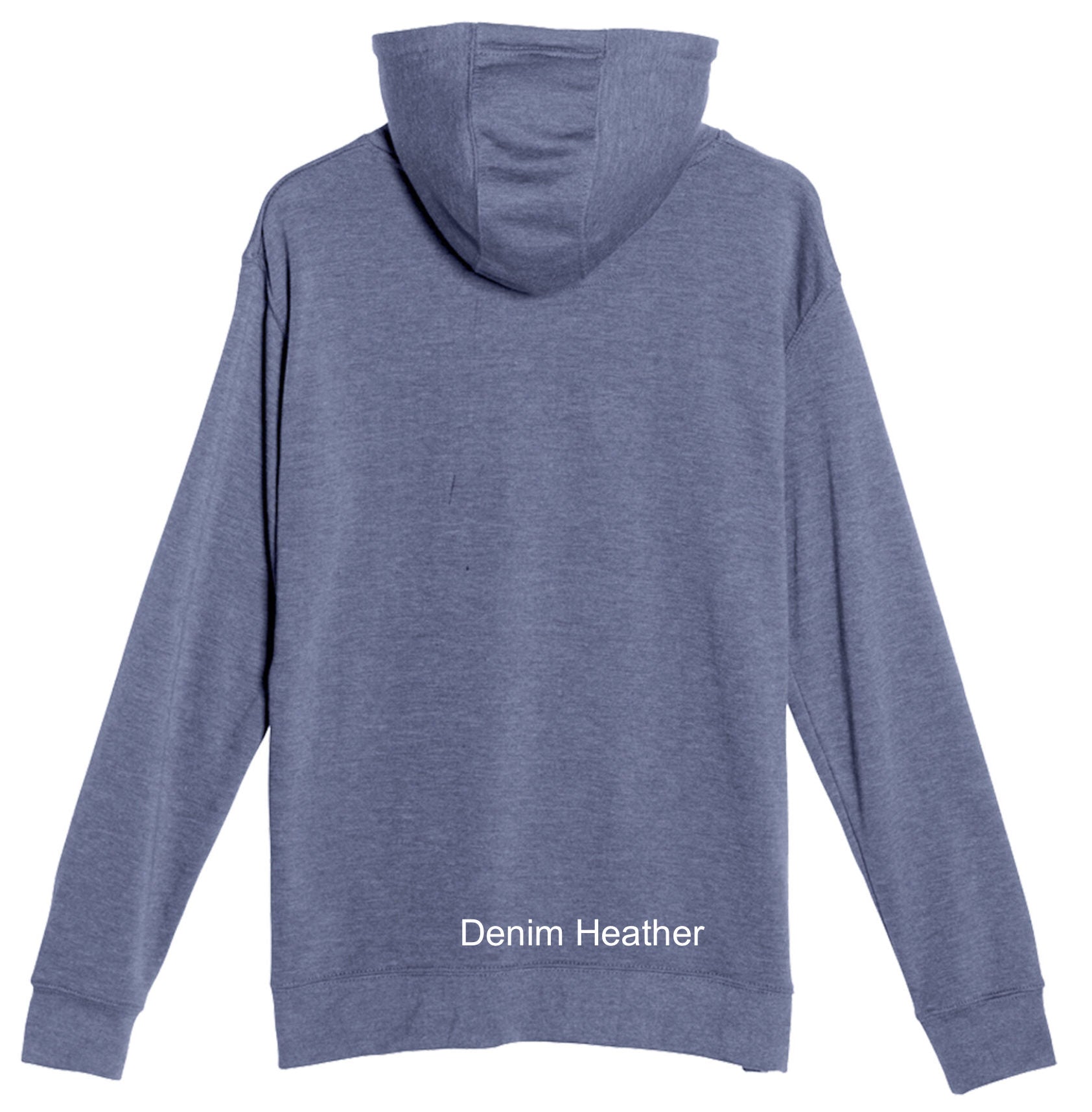 Blue hoodie with 'Denim Heather' text on a white background