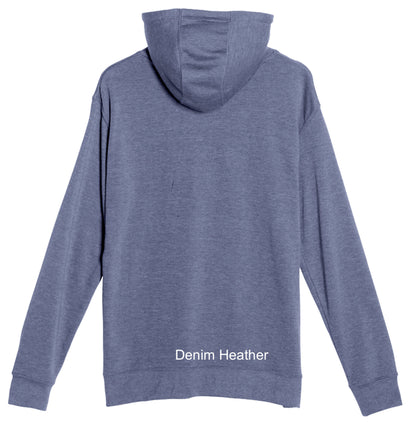 Blue hoodie with 'Denim Heather' text on a white background