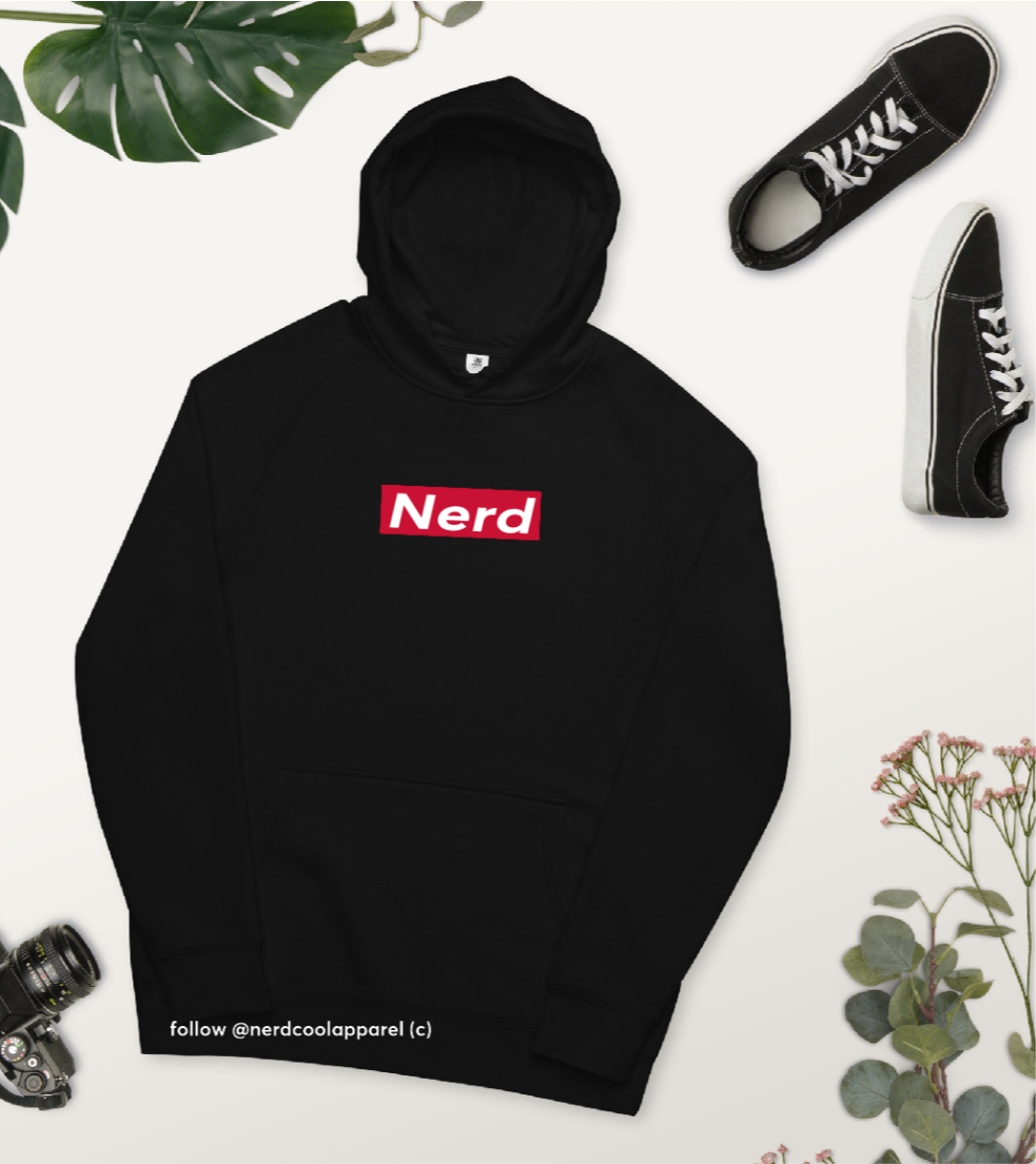 Black hoodie with 'Nerd' logo on a light background with sneakers and plants.