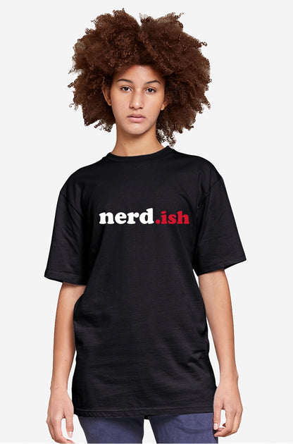 Person wearing a black t-shirt with 'nerd-ish' text on a white background