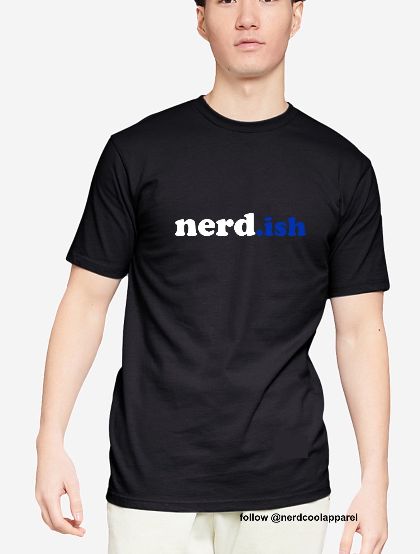 Person wearing a black t-shirt with 'nerd.ish' text on a white background