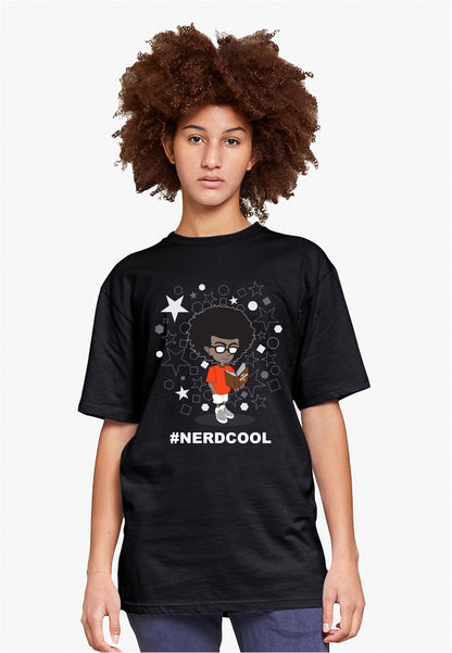 Person wearing a black t-shirt with a graphic design and text on a white background