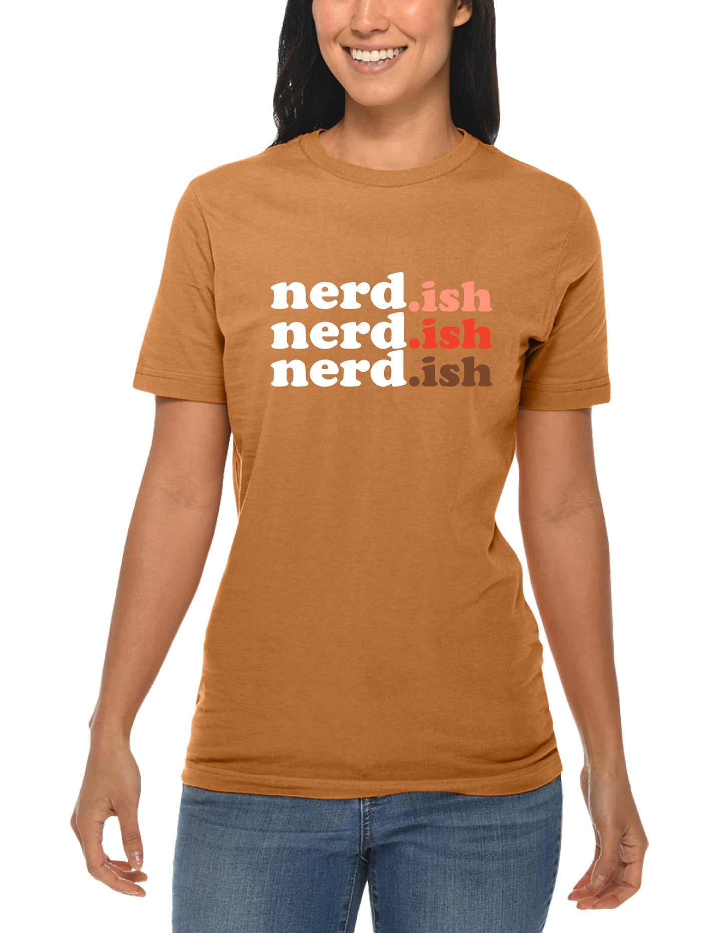 Person wearing a brown t-shirt with 'nerd.ish' text in multiple colors.