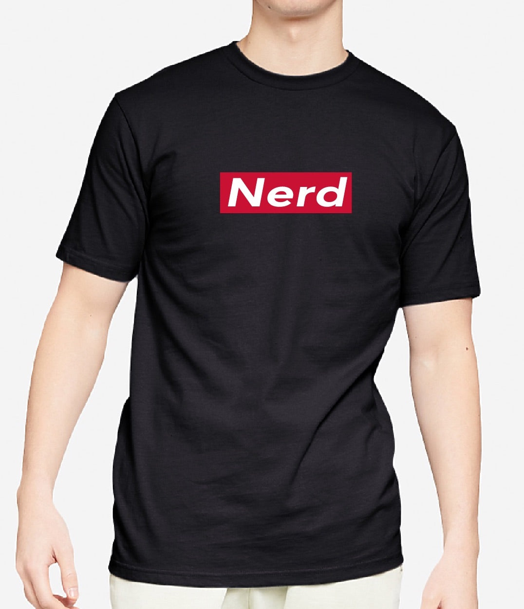 Black t-shirt with 'Nerd' in red on a white background