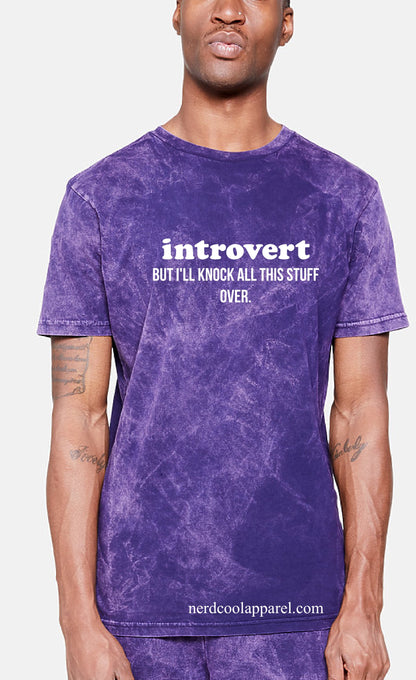 Person wearing a purple t-shirt with text 'introvert BUT I'LL KNOCK ALL THIS STUFF OVER' on a white background