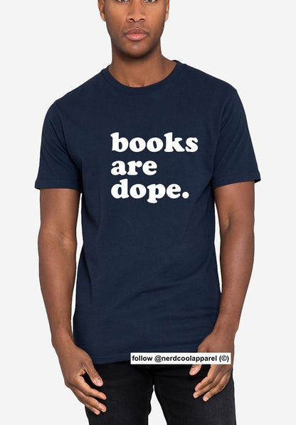 Person wearing a navy blue t-shirt with 'books are dope.' text on a white background