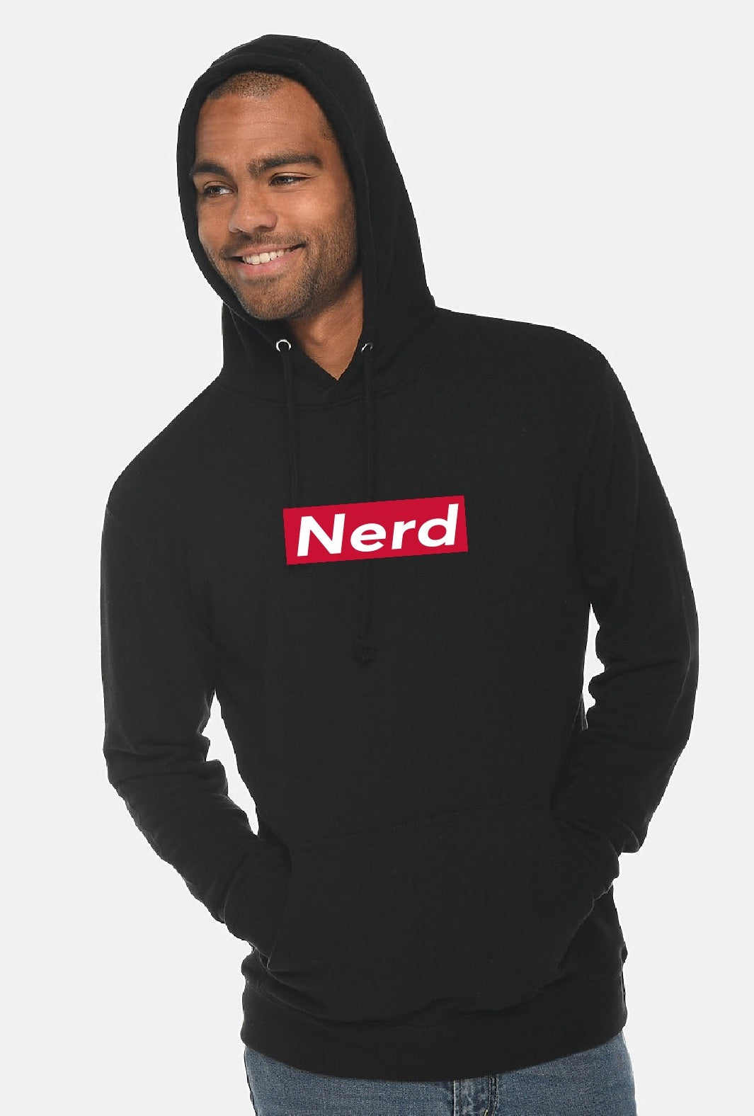 Person wearing a black hoodie with a red 'Nerd' logo on a white background