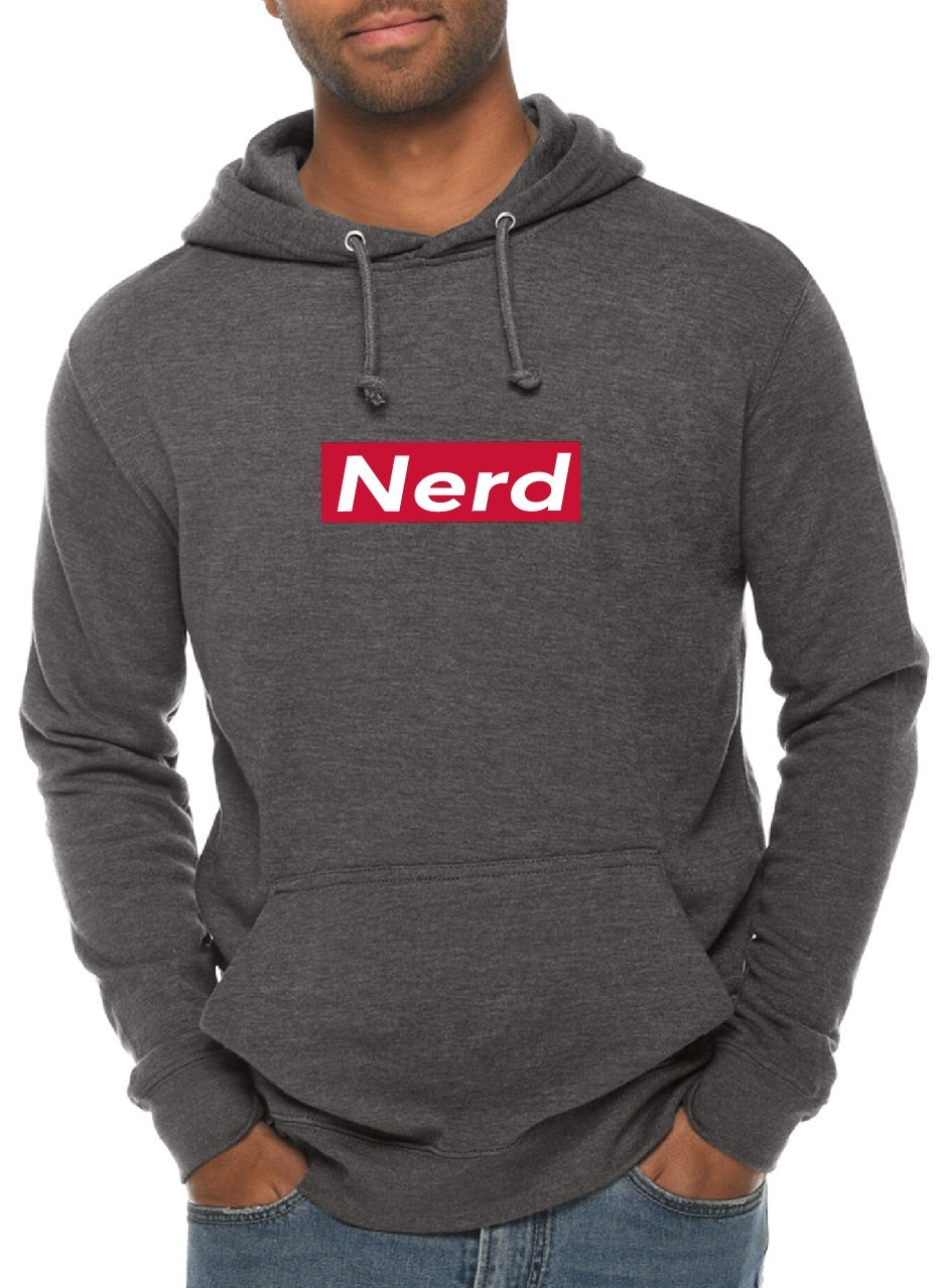 Person wearing a gray hoodie with a 'Nerd' logo on a white background