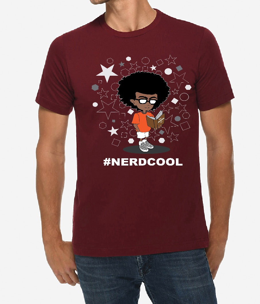 Maroon t-shirt with a graphic of a person with an afro, glasses, and a book, with '#NERDCOOL' text, worn by a person.