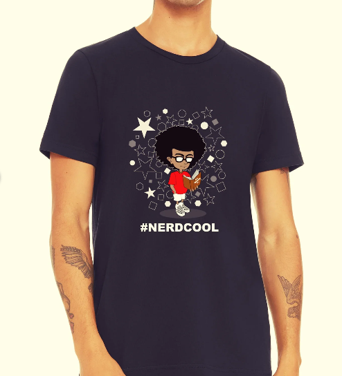 Person wearing a black t-shirt with a graphic design and '#NERDCOOL' text.