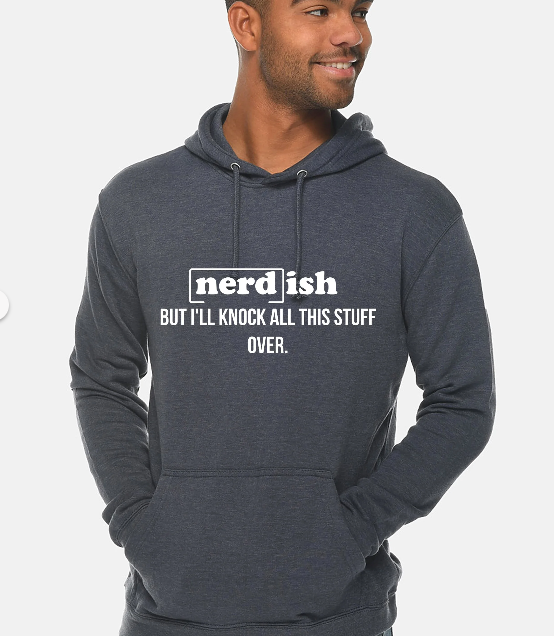 Man wearing a dark gray hoodie with text design on a white background