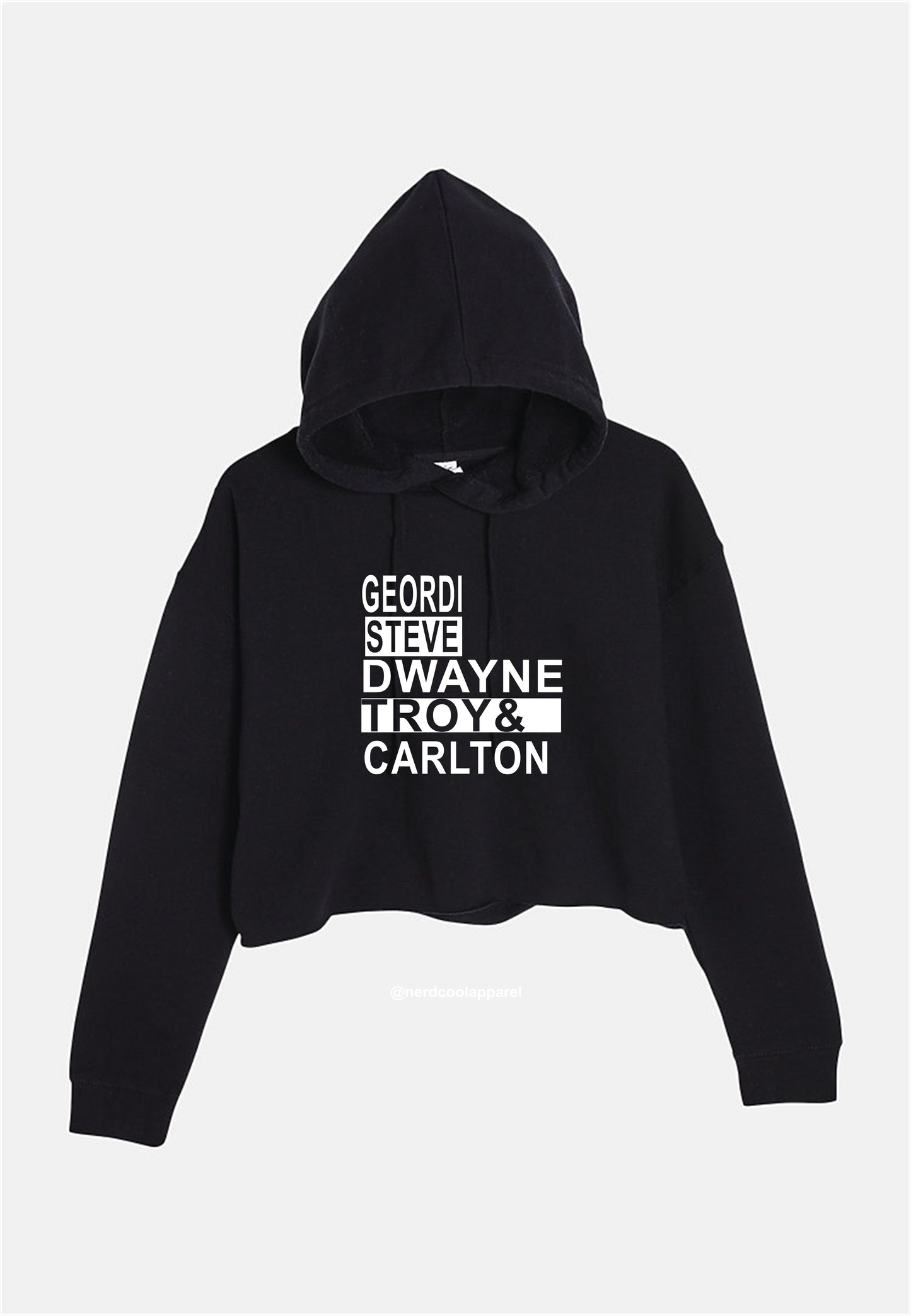 Black hoodie with white text on a light gray background