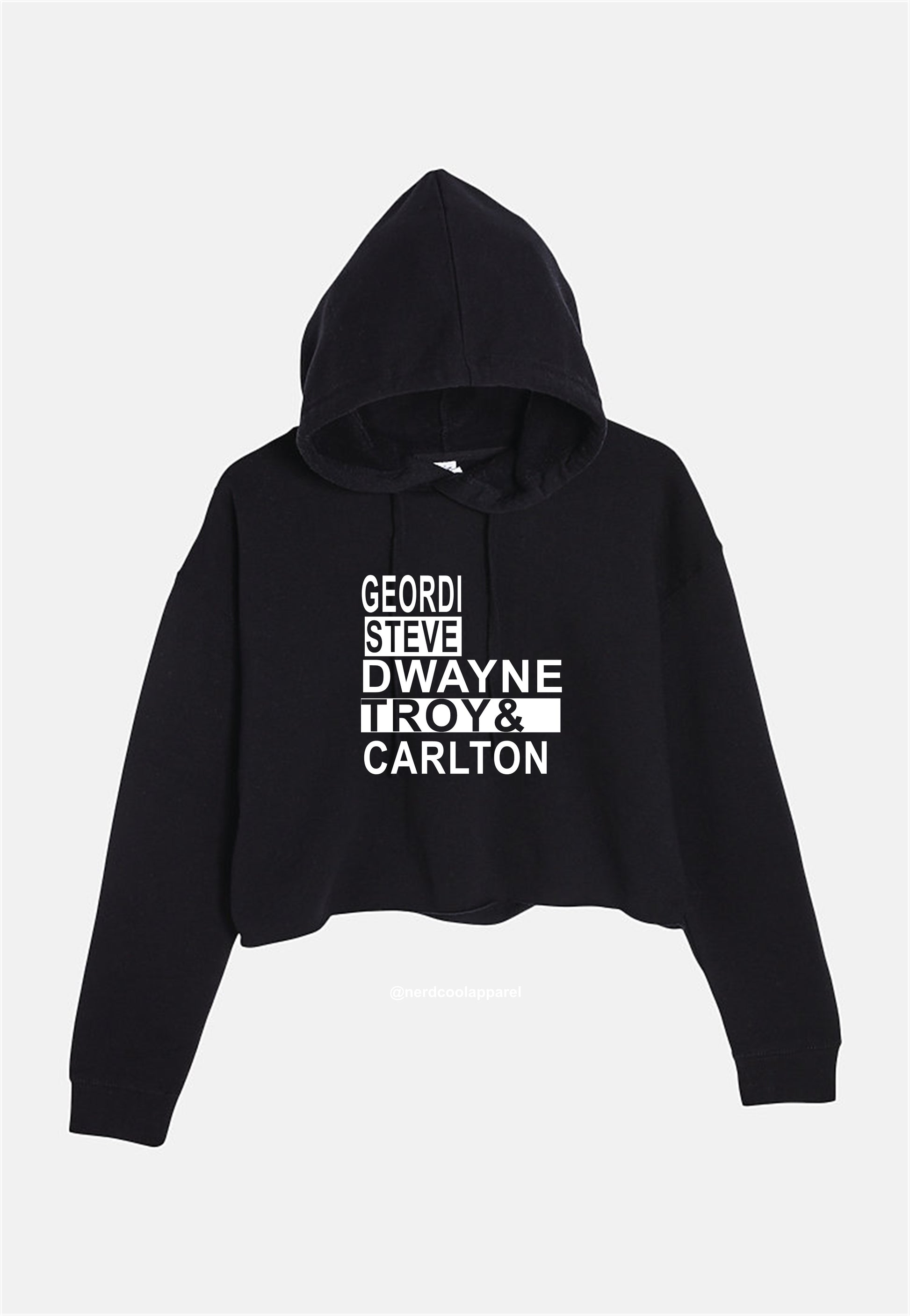 Black hoodie with white text on a light gray background