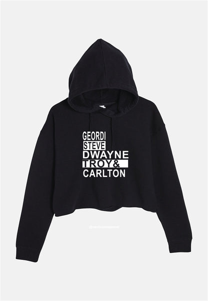 Black hoodie with white text on a light gray background