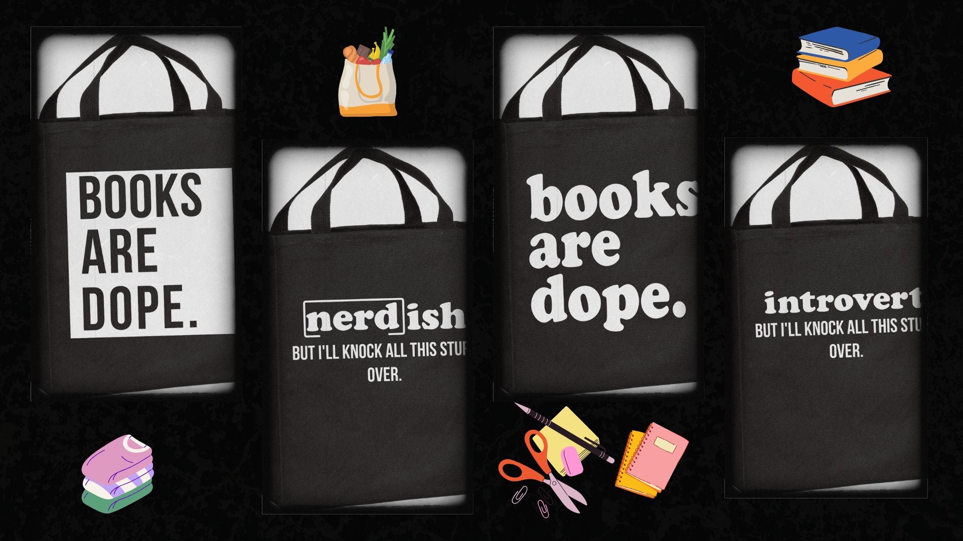 Black bags with white text and colorful items on a black background