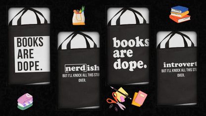 Black bags with white text and colorful items on a black background