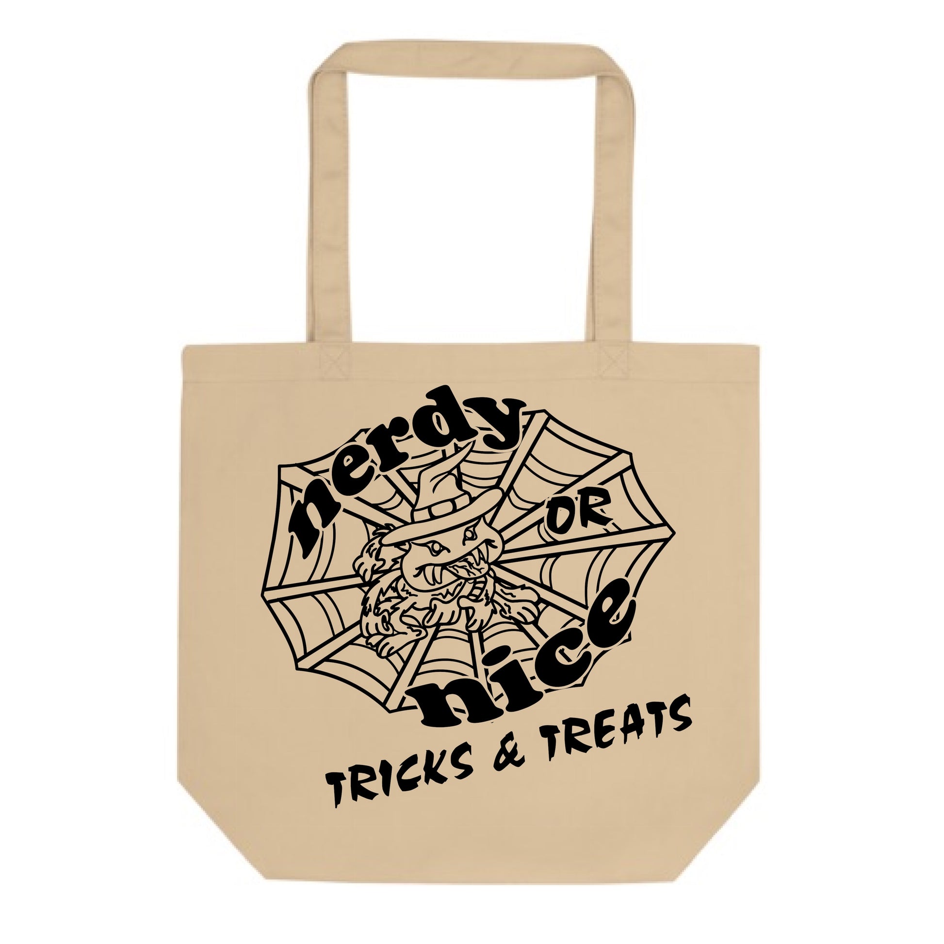 Beige tote bag with Halloween-themed design and text on a white background