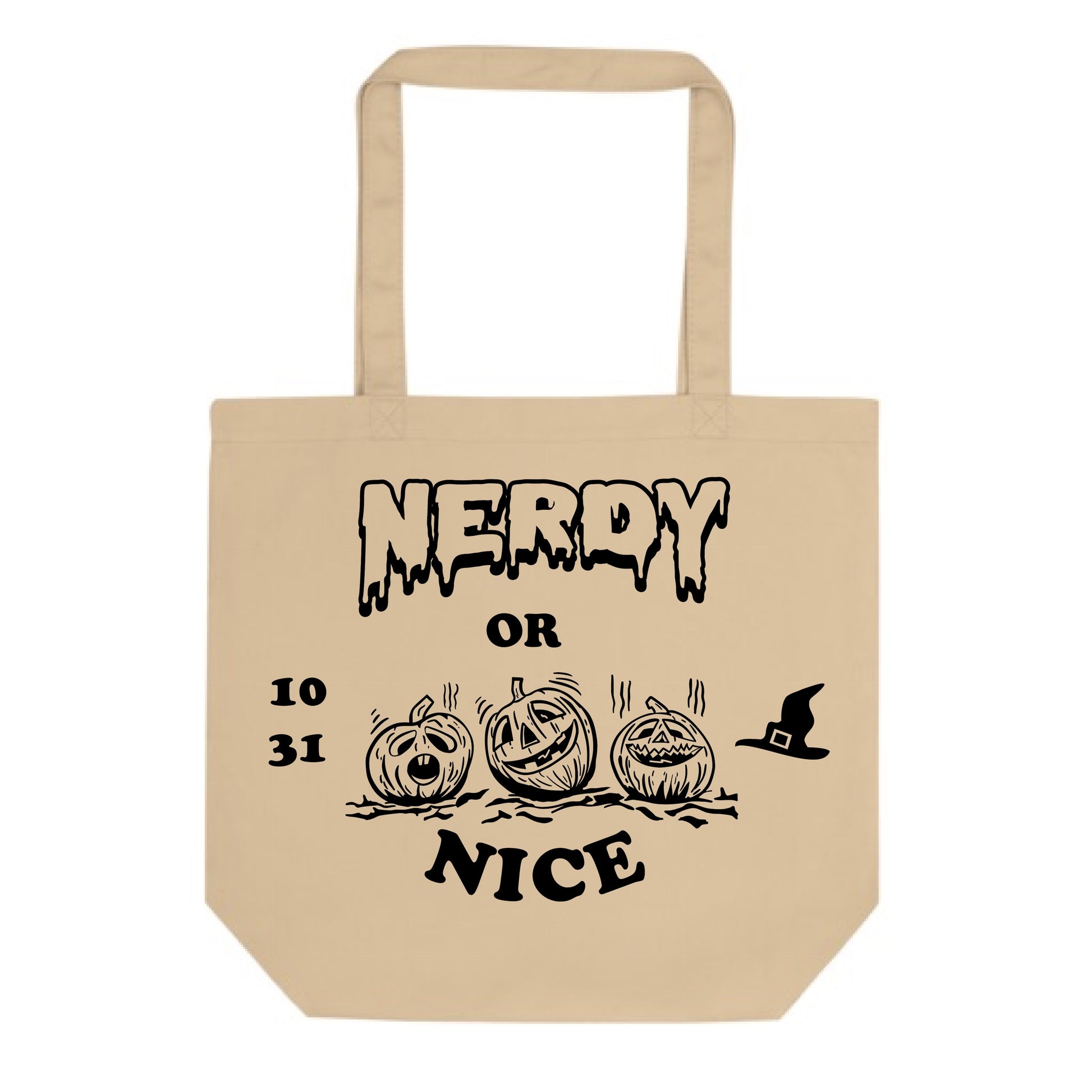Beige tote bag with Halloween-themed text and graphics on a white background