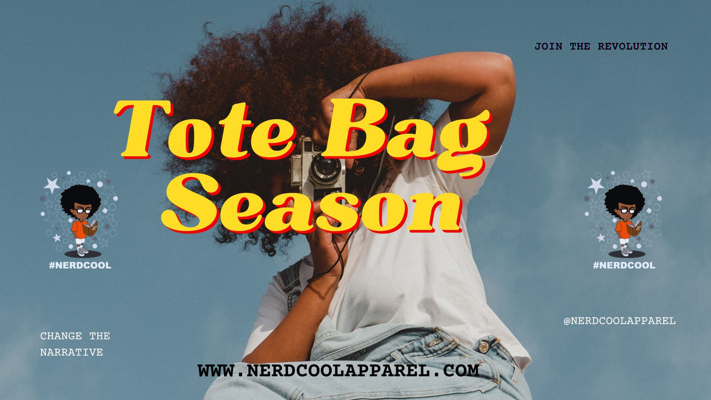 Promotional graphic for 'Tote Bag Season' with a person holding a tote bag against a blue sky.
